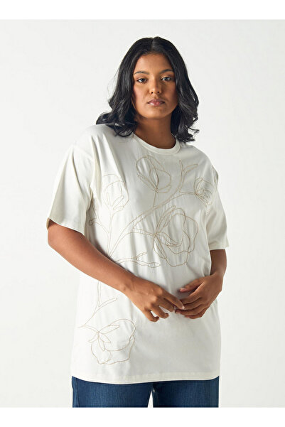 Ulla Popken Plus Size Floral Embroidered Round Neck T-shirt With Short Sleeves