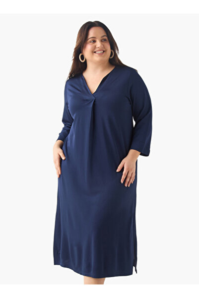 Ulla Popken Plus Size Ulla Popken V-Neck Midi Dress with 3/4 Sleeves and Slit Detail