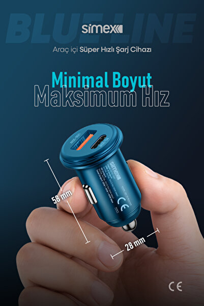 Simex Blue Line SM-30 60W Süper Hızlı Araç Şarj Aleti Çakmaklık PD 3.0 QC 4.0 Type-C + USB Çift Port Mavi