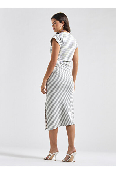 FAV Striped Bodycon Midi Dress With Round Neck And Extended Sleeves