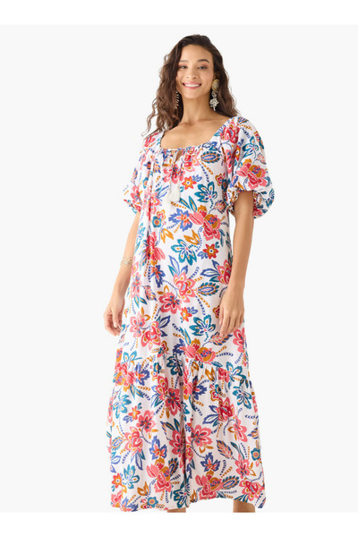 FAV فستان ماكسي بطبعة زهور على شكل حرف A وأكمام قصيرة