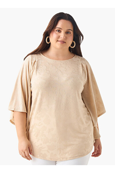 Ulla Popken Plus Size Ulla Popken Textured Top with Round Neck and 3/4 Sleeves
