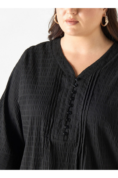 Ulla Popken Plus Size Ulla Popken Textured V-neck Top with 3/4 Sleeves