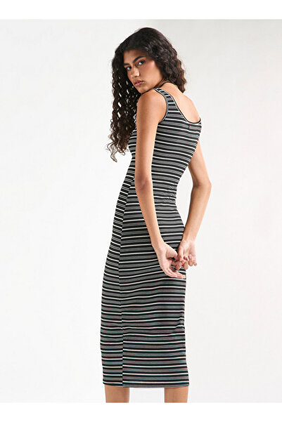 FAV Striped Sleeveless Bodycon Dress with Round Neck and Button Detail