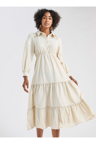 FAV Solid Tiered Midi Dress with Puff Sleeves and Collar