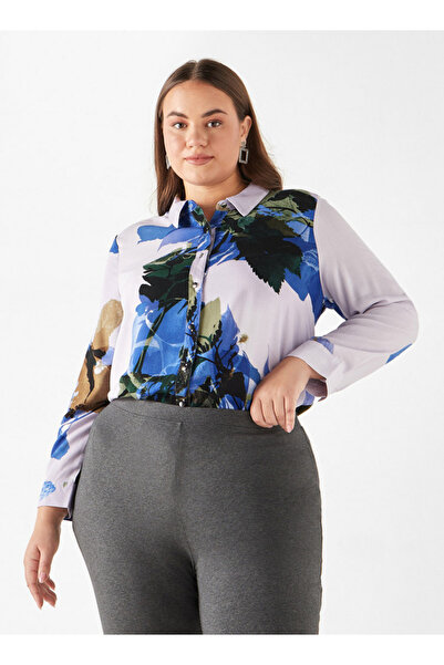 Ulla Popken Plus Size Ulla Popken All-Over Print Shirt with Collar and Long Sleeves