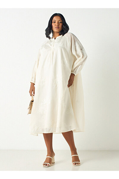 Ulla Popken Plus Size Ulla Popken Embroidered Midi Dress with Mandarin Neck