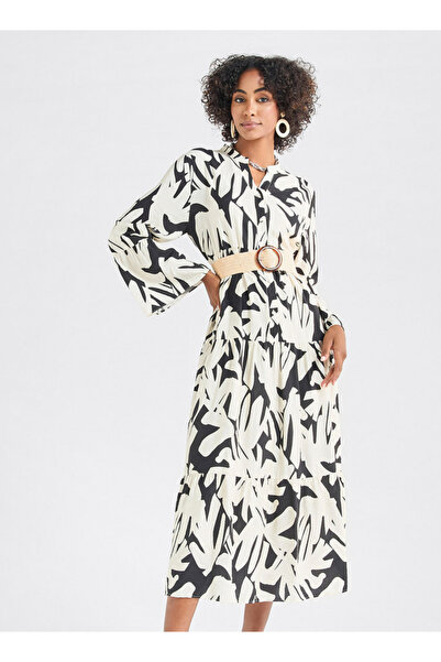 FAV Abstract Print Midi Dress with Mandarin Collar and Long Sleeves