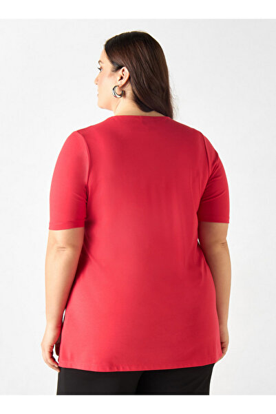 Ulla Popken Plus Size Ulla Popken Metal Accent V-neck Top with Short Sleeves