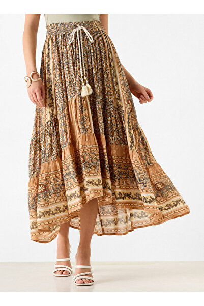 FAV All-Over Print Midi Skirt with Drawstring Closure and Asymmetrical Hemline