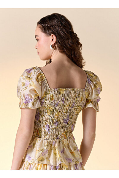 FAV Floral Print Square Neck Top with Puff Sleeves