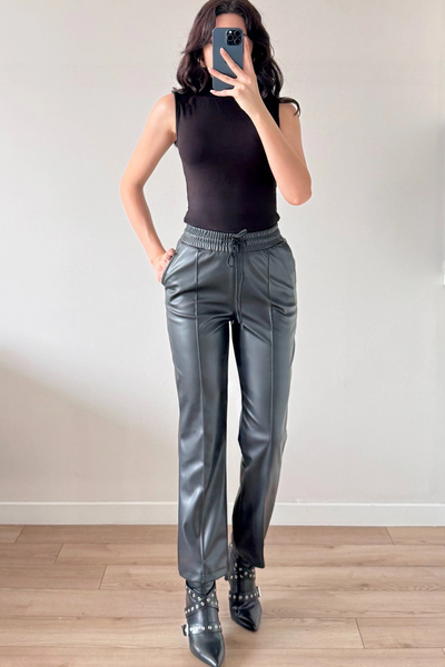 Eka Women's Black Elastic piped Leather Trousers 30322