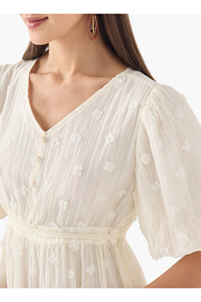 FAV Textured A-Line Midi Dress with V-Neck and Short Sleeves