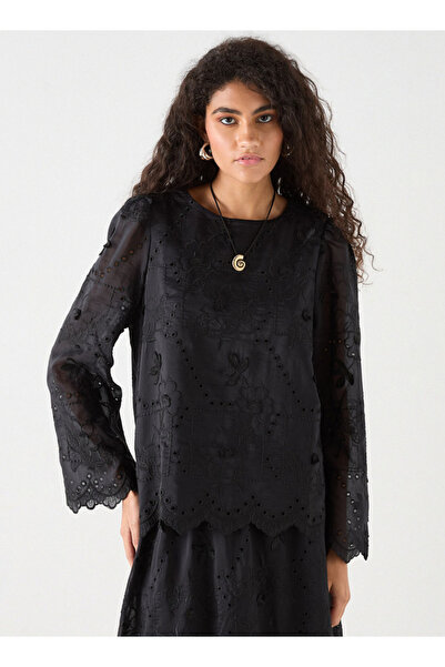FAV All-Over Embroidered Top with Crew Neck and Long Sleeves