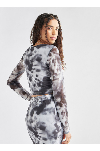 FAV Tie Dye Print Mesh Crop Top with Round Neck and Long Sleeves