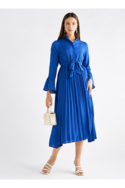 FAV Pleated Mandarin Collar Dress With Bell Sleeves And Tie-up Belt