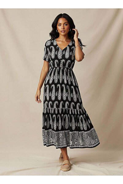 FAV فستان نسائي متعدد الطبقات بطبعة بيزلي وأكمام قصيرة