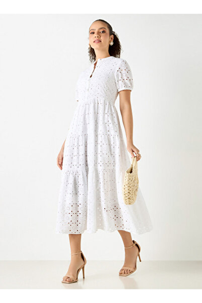 Lee Cooper All-over Schiffili Embroidered Dress With Puff Sleeves