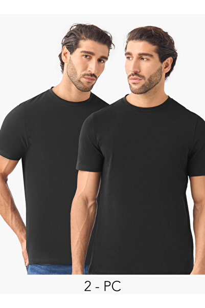 FAV طقم من قطعتين - تي شيرت بقصة ضيقة وياقة دائرية وأكمام قصيرة