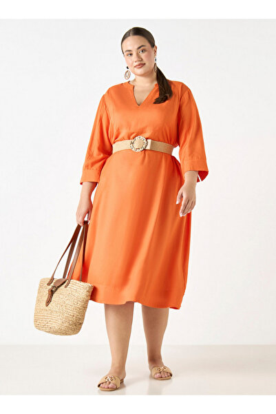 Ulla Popken Plus Size Ulla Popken Dress with Split Neck and 3/4 Sleeves