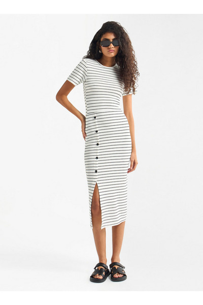 FAV Striped Midi Dress with Round Neck and Slit Detail