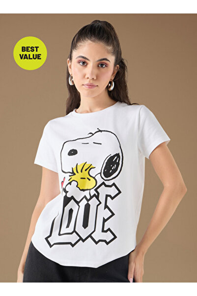 SP Characters Snoopy Dog Print Crew Neck T-shirt with Short Sleeves