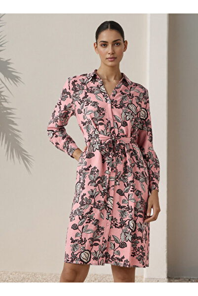 FAV فستان قميص بطول الركبة مع حزام وطبعة زهور