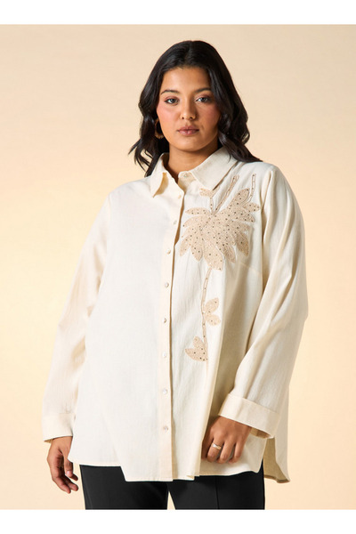 Ulla Popken Plus Size Ulla Popken Embroidered Shirt with Collar and Long Sleeves