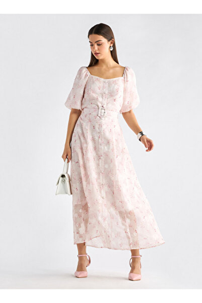 FAV Floral Print Square Neck Shirt Dress with Short Sleeves and Belt