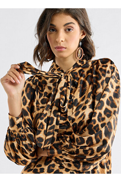FAV All-over Animal Print Shirt Dress With Long Sleeves And Neck Tie-up