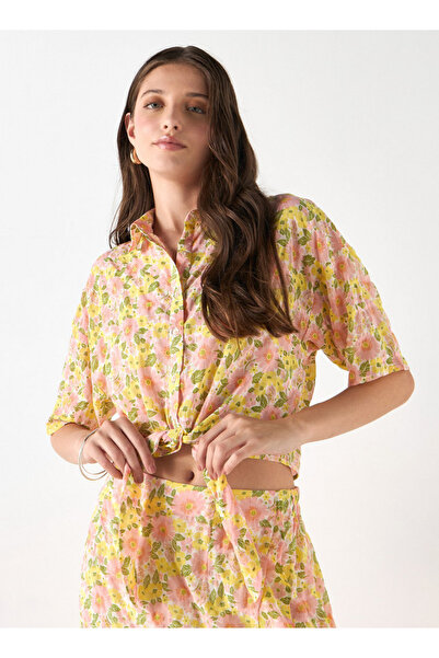 FAV All-Over Floral Print Shirt with Short Sleeves and Tie-Up Detail