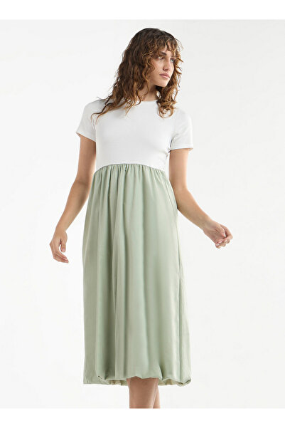 FAV Colourblock A-line Dress with Round Neck and Short Sleeves