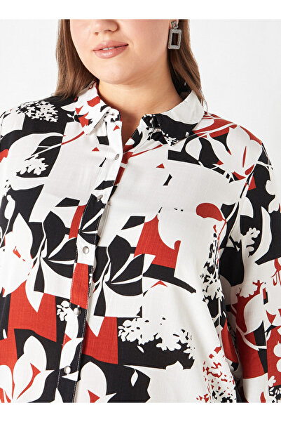 Ulla Popken Plus Size All-over Print Shirt With Collar And Long Sleeves