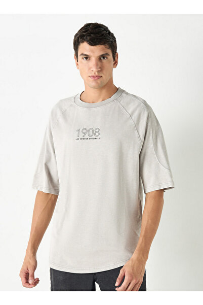 Lee Cooper Typographic Print Oversized T-shirt with Crew Neck and Short Sleeves