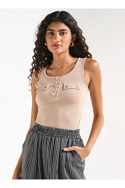 FAV Ribbed Tank Top With Round Neck And Flap Detail