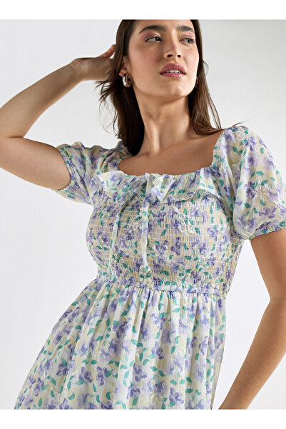 FAV All-Over Floral Print A-line Dress with Ruffles and Shirred Detail