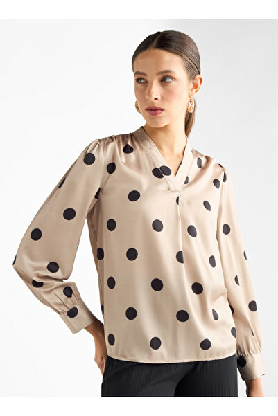 FAV All-over Polka Dot Print V-neck Top With Long Sleeves