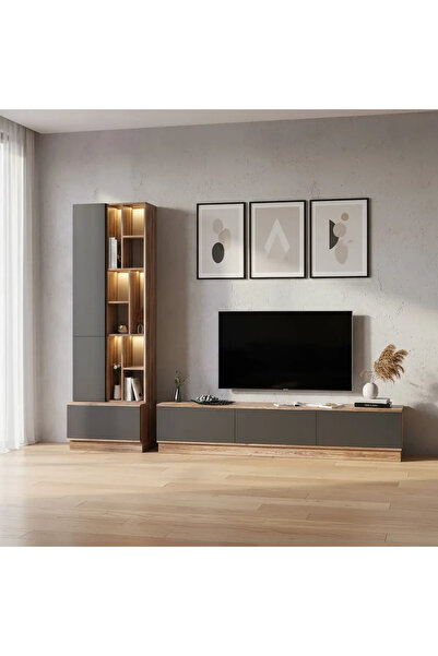 Stylish Home Large brown and gray TV table, 4 pieces, including shelves and lighting, model 61