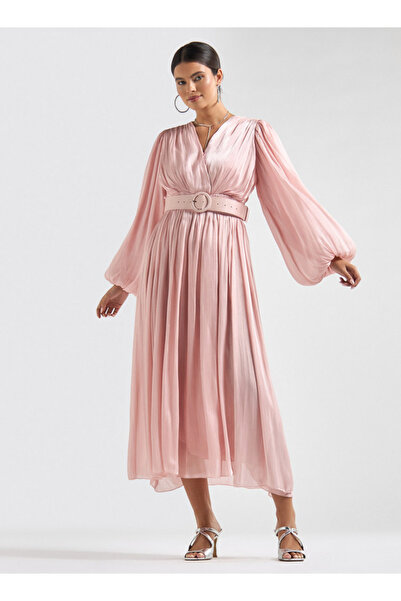 FAV فستان ميدي بحزام منقوش مع رقبة على شكل حرف V وأكمام طويلة منفوخة