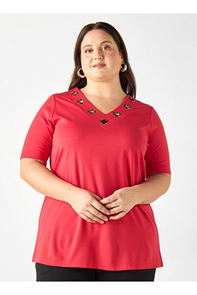 Ulla Popken Plus Size Ulla Popken Metal Accent V-neck Top with Short Sleeves
