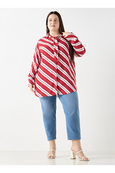 Ulla Popken Plus Size Ulla Popken Striped Shirt with Tie-Up Detail