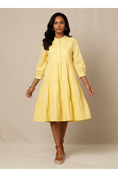 FAV فستان نسائي مطرز متعدد الطبقات مع ياقة ماندرين من القطن