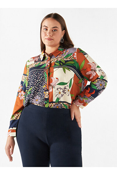 Ulla Popken Plus Size Ulla Popken All-Over Print Shirt with Collar and Long Sleeves