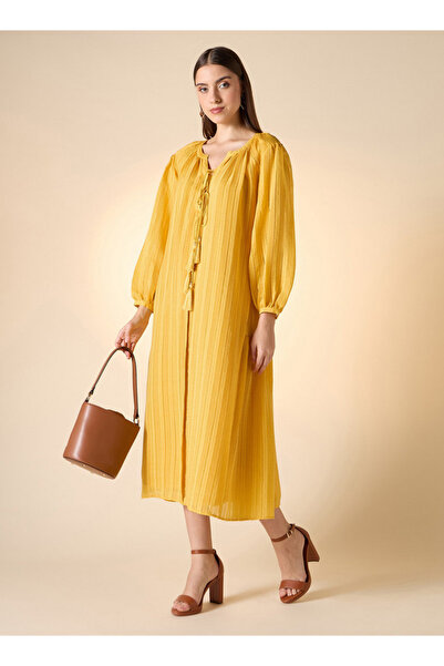 FAV Textured Dress with Long Sleeves and Tie-Ups