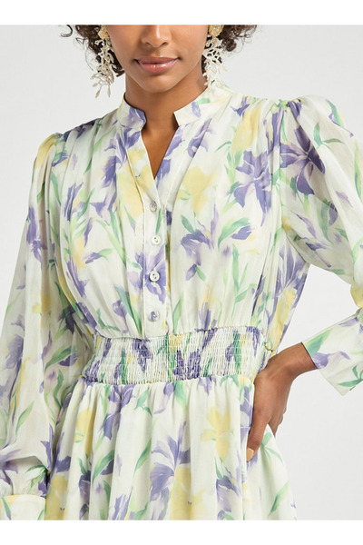 FAV All-over Floral Print Midi Shirt Dress With Shirred Detail And Long Sleeves