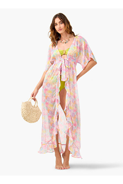 FAV غطاء كامل بطبعة زهور مع أربطة وتفاصيل كشكشة