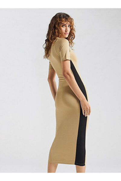 FAV Panelled Bodycon Dress with Round Neck and Short Sleeves