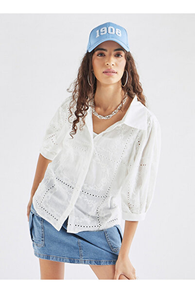 FAV All-over Embroidered Collared Shirt With Puff Sleeves