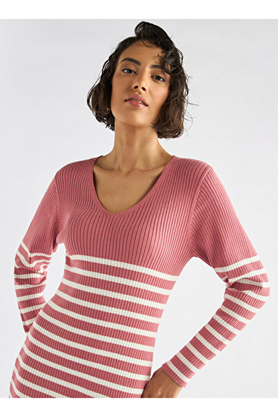 FAV Striped V-neck Dress with Long Sleeves