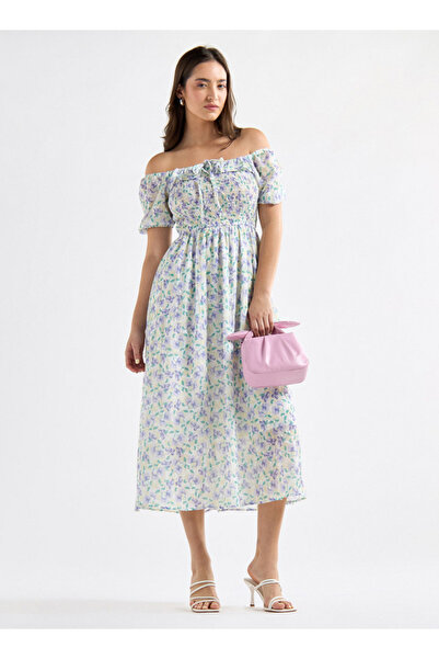 FAV All-Over Floral Print A-line Dress with Ruffles and Shirred Detail
